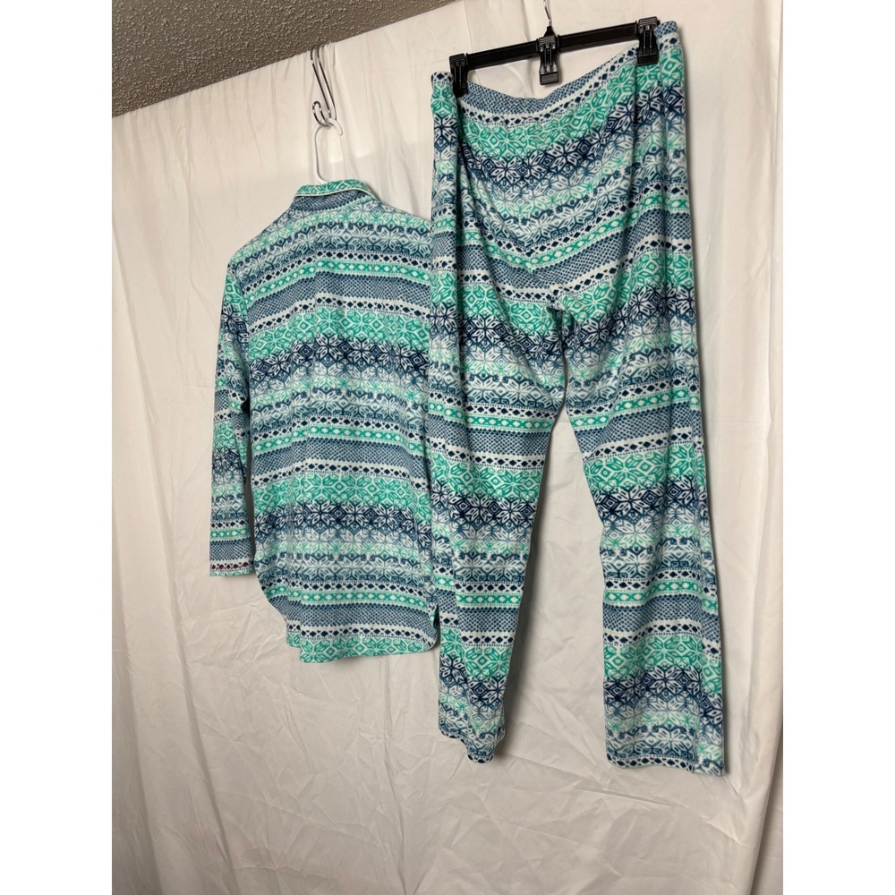 Ellen Tracy Women Teal Blue Fair Isle Fleece Pajama Set Long Sleeve Pants Large - Picture 2 of 8